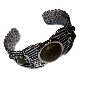 Silver Cuff Bracelet with Faux Green Stones